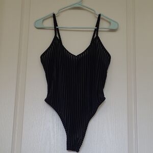 SHEIN Black V-Neck Velvet And Sheer V-neck Bodysuit Size S (4)